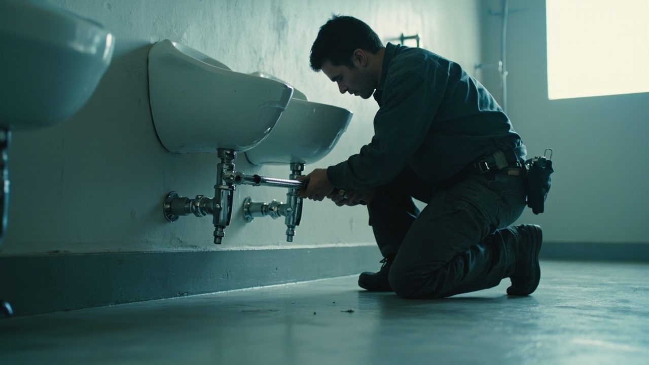 Commercial Toilet And Urinal Repair Technician At The Front Door