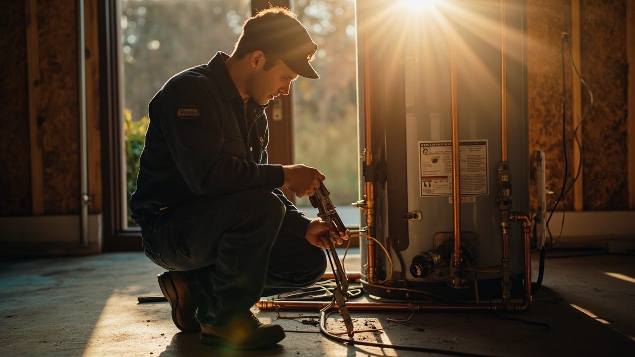 Water Heater Repair And Installation Crew Unloading Equipment